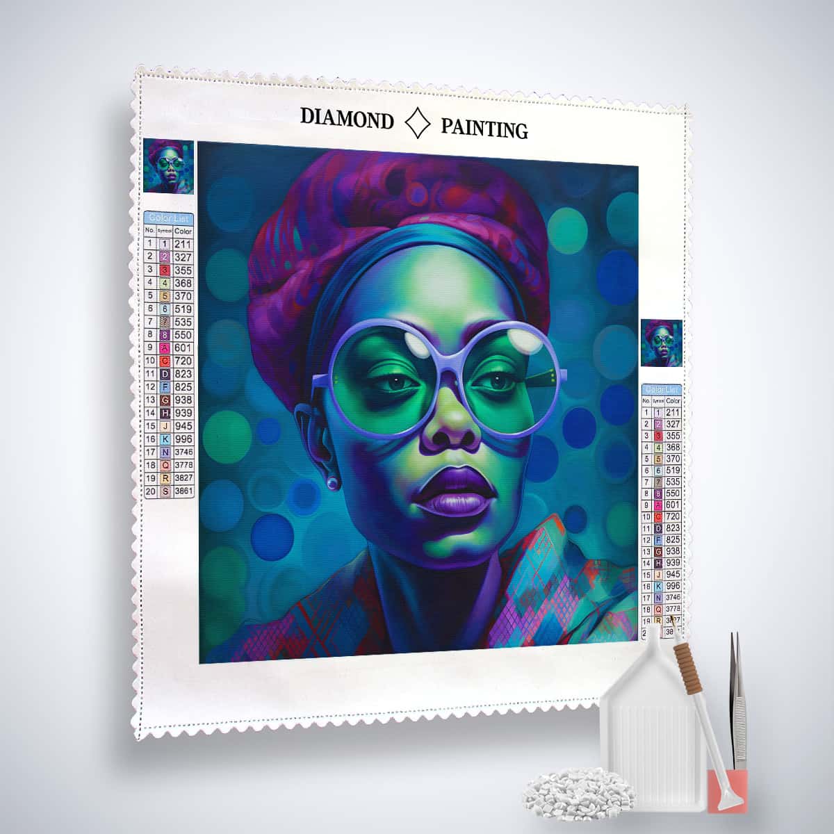 Diamond Painting Kit - Frau mit Lila Lippen Motiv inkl. Leinwand, Acryl Diamonds, Pinzette und Setzstift. Kunst, die funkelt!