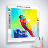 Diamond Painting Kit featuring a vibrant parrot on a rock with colorful acrylic diamonds, tweezers, and pen for creation.