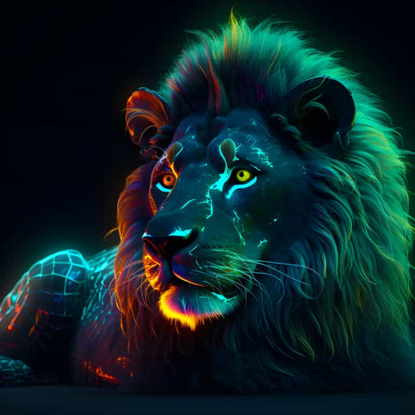 Neon lion at night diamond painting illustration with vibrant colors and glowing accents - AB Diamond Painting - Löwe bei Nacht.