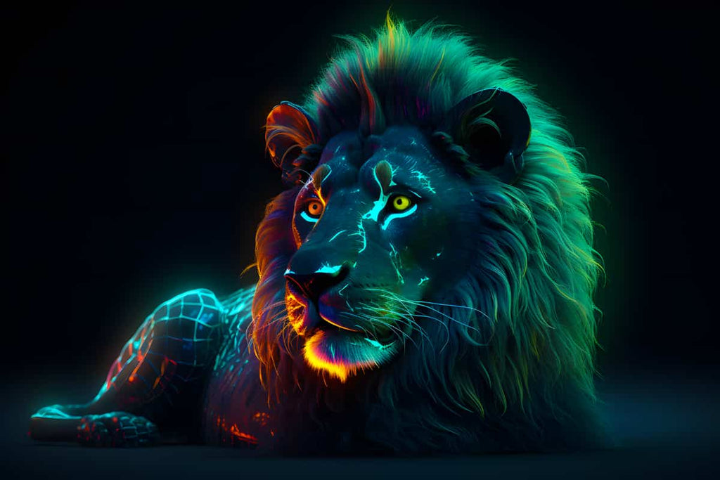 Neon lion at night diamond painting illustration with vibrant colors and glowing accents - AB Diamond Painting - Löwe bei Nacht.