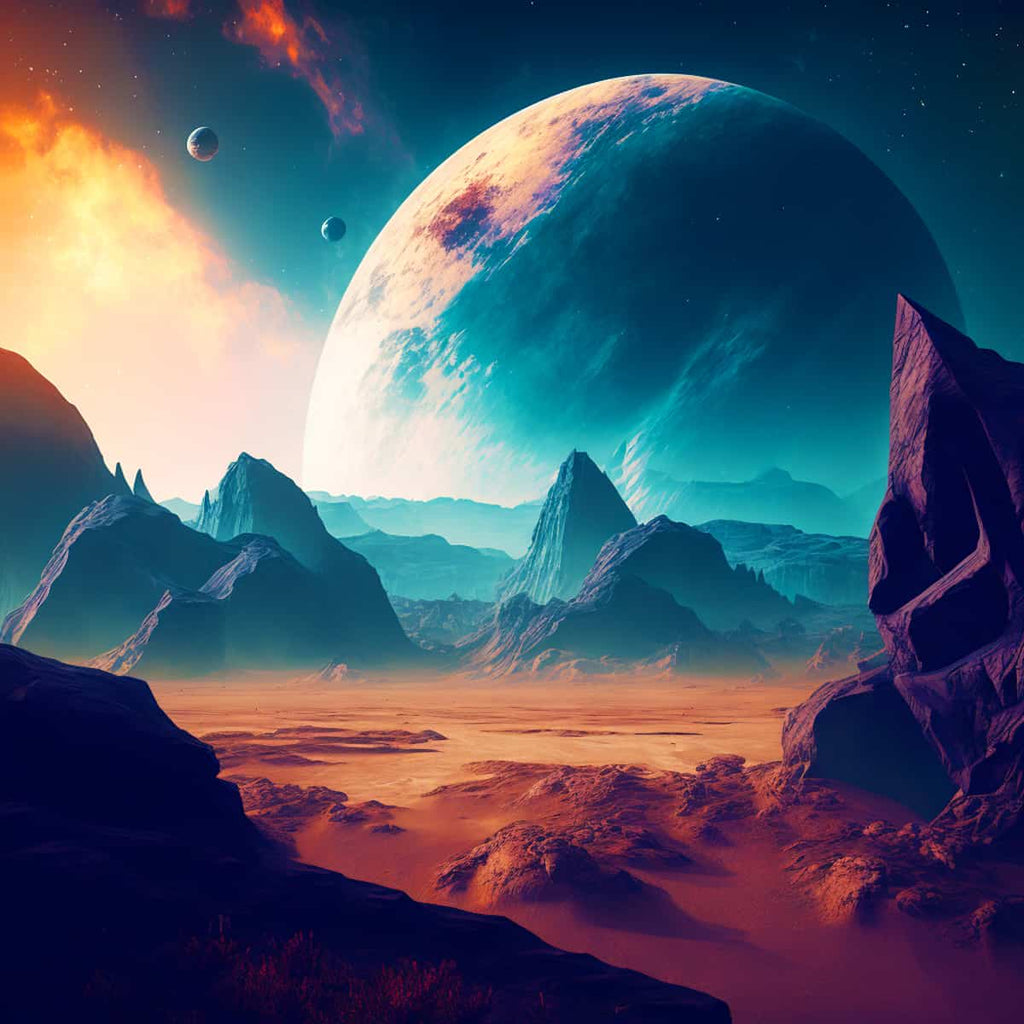 Painting of a fantasy landscape with rocky terrain, a large planet in the sky, and distant mountains at sunset.