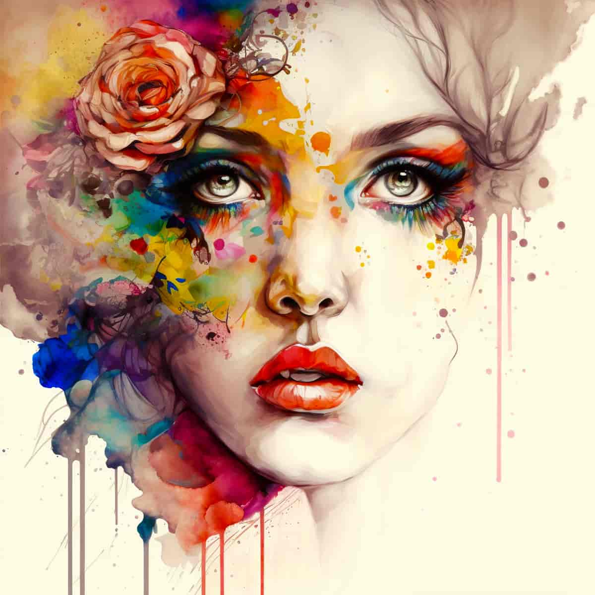 A vibrant and colorful portrait of a woman with striking makeup and a rose in her hair created using the Diamond Painting Kit.