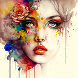 A vibrant and colorful portrait of a woman with striking makeup and a rose in her hair created using the Diamond Painting Kit.
