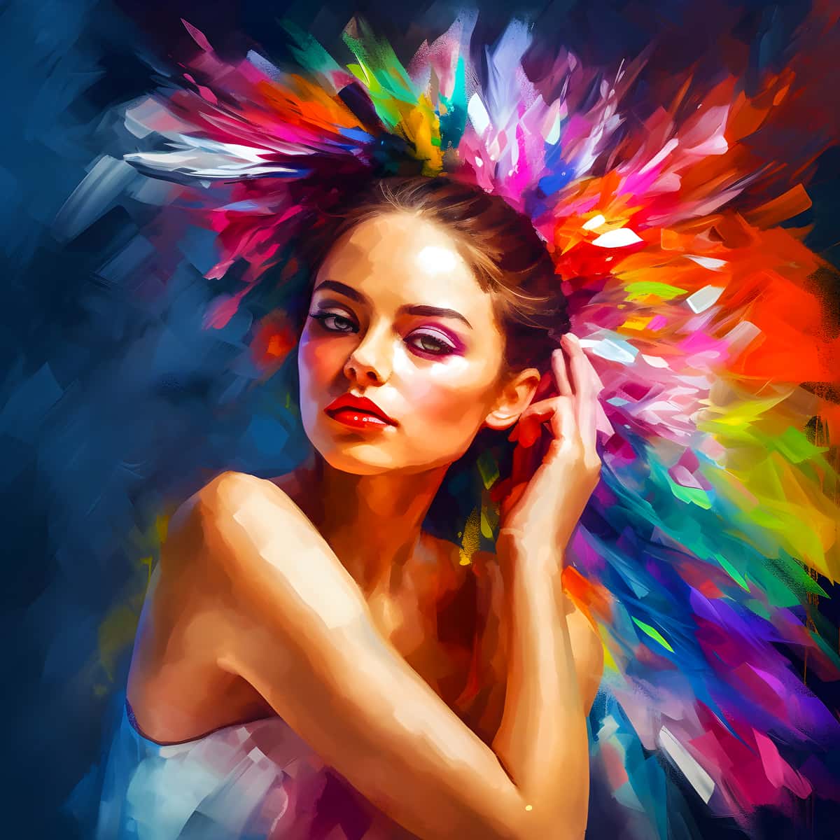 AB Diamond Painting - Abstrakte Frisur, bunte Frau mit farbenfroher Haarpracht. Diamond Painting Kits inklusive Profi-Leinwand und Acryl Diamonds.