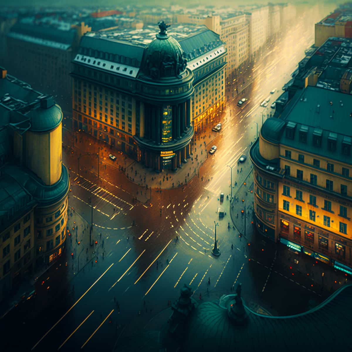 Aerial view of Hamburg cityscape with illuminated streets and historic buildings at dusk, ideal for diamond painting kits.