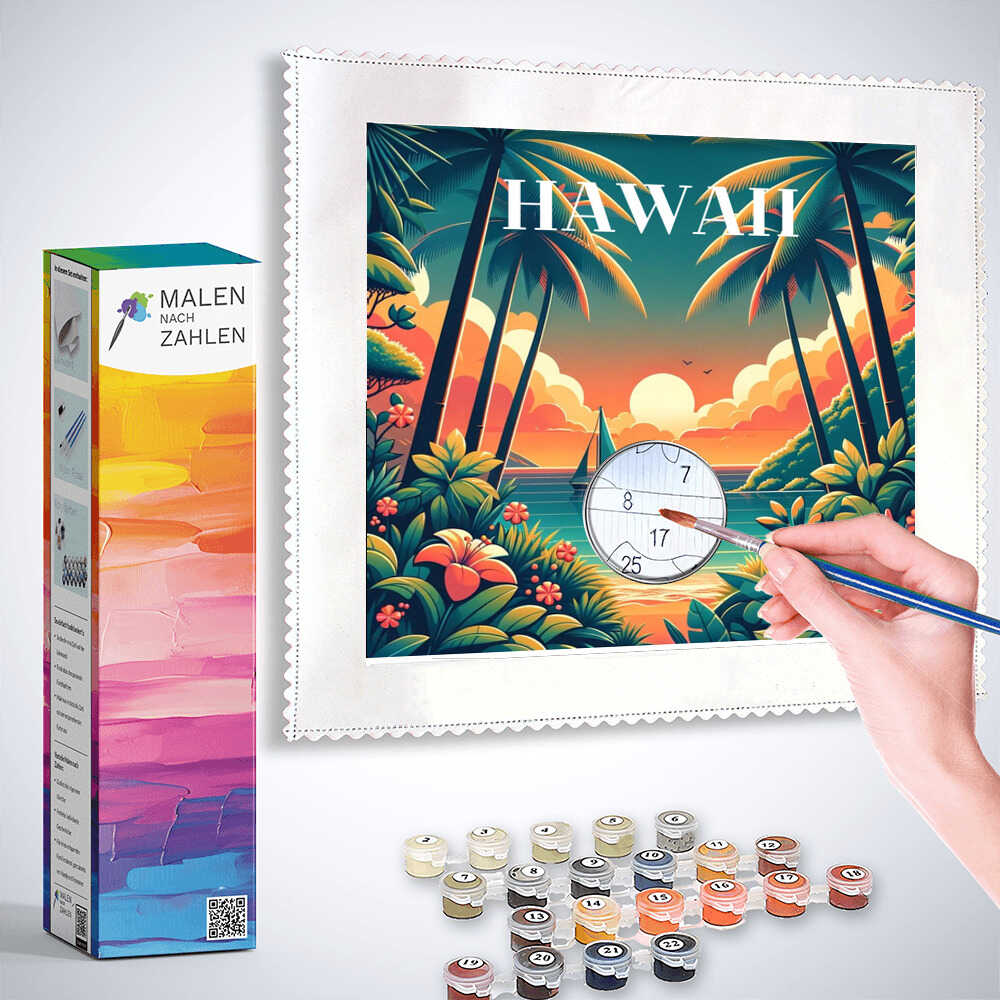 Painting by numbers tropical sunset dream kit, with Hawaii sunset scene, paintbrush, and numbered paint pots.
