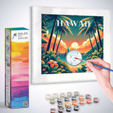 Painting by numbers tropical sunset dream kit, with Hawaii sunset scene, paintbrush, and numbered paint pots.