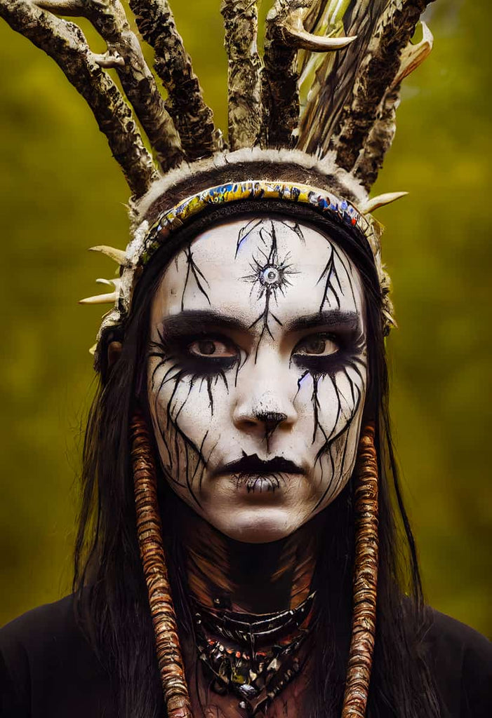 Indigenous person with intricate face paint and headdress, showcasing cultural artistry and craftsmanship in a vivid portrait.