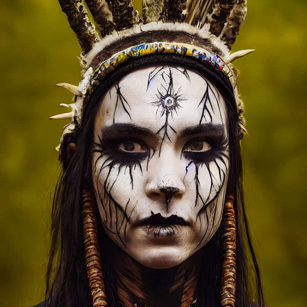 Person with elaborate face paint and headdress, showcasing artistic expression in a natural setting