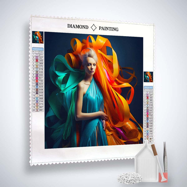 AB Diamond Painting - Bunter Tanz Kit with vibrant female portrait and colorful ribbons on display, complete with tools and acrylic diamonds.