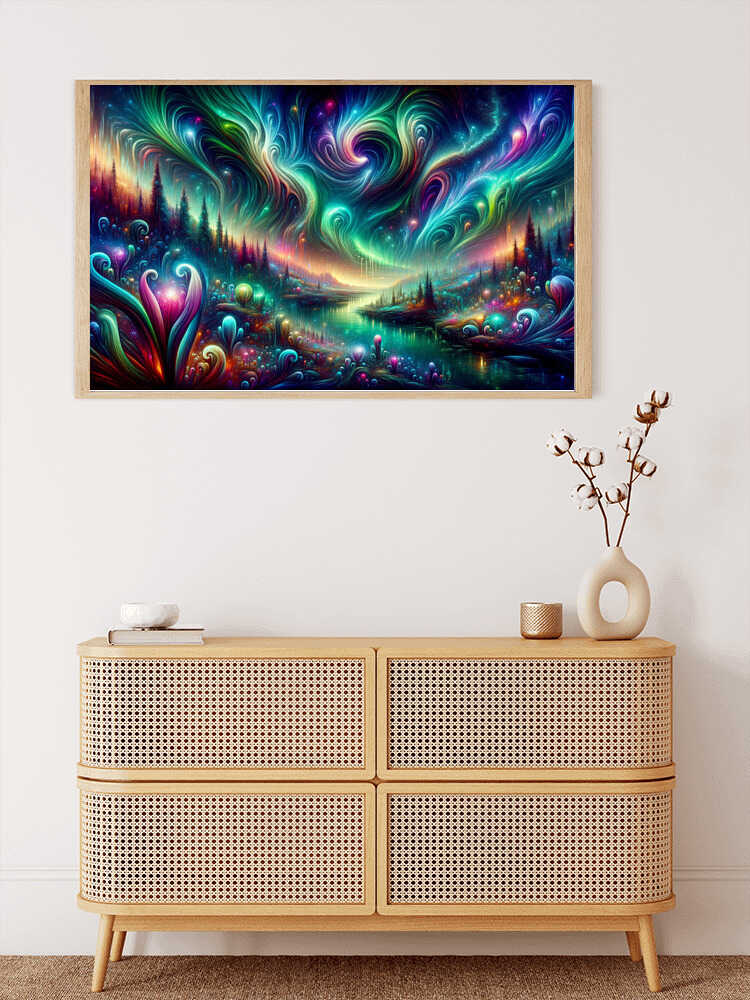 Malen nach Zahlen "Kosmischer Lebensfluss": Lebendiges Kunstwerk in Blau-, Grün- und Lilatönen, fantastischer Stil, zuhause an der Wand hängend.