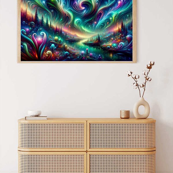 Malen nach Zahlen "Kosmischer Lebensfluss": Lebendiges Kunstwerk in Blau-, Grün- und Lilatönen, fantastischer Stil, zuhause an der Wand hängend.