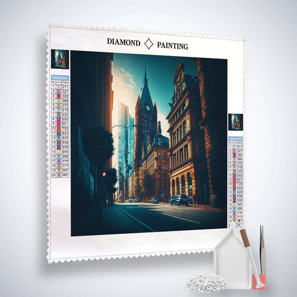 Diamond Painting Kit – Hamburg Straße with acrylic diamonds, professional canvas, artist tweezers, and set tools for a sparkling art experience