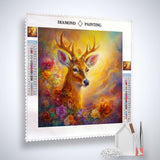 Diamond Painting Kit Waldträume with deer and floral motif on canvas, including acrylic diamonds, tweezers, and setzstift