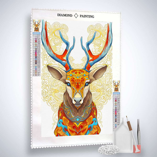 Diamond Painting Kit Vector Hirsch with colorful deer design, acrylic diamonds, artist tweezers, and placement tools.