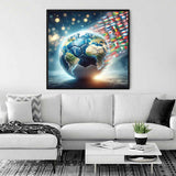 Malen nach Zahlen - Welt im Spiel painting hung on living room wall above white sofa with modern decor