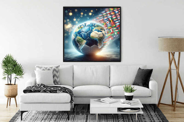 Malen nach Zahlen - Welt im Spiel painting hung on living room wall above white sofa with modern decor