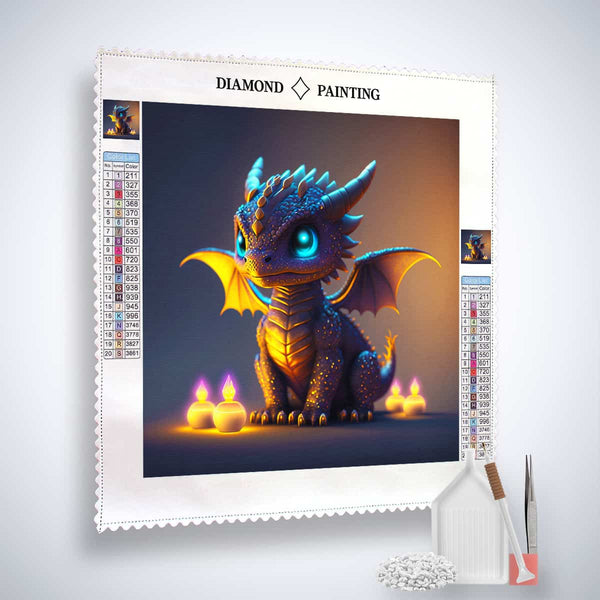 Diamond Painting Kit Drachenträume with dragon design, complete set including canvas, acrylic diamonds, artist tweezers, and setting tools.