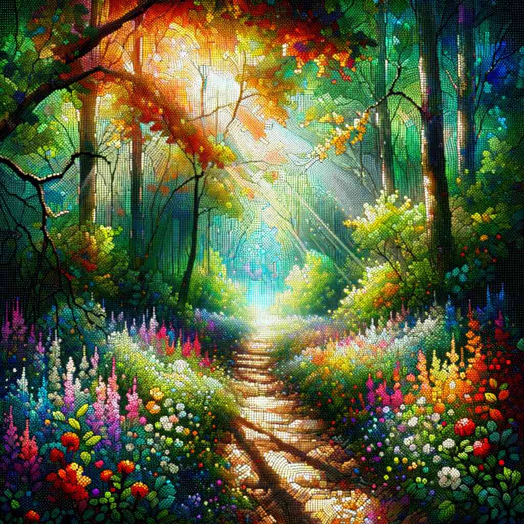 Malen nach Zahlen Waldschein - Lebendige Farben und Lichtspiele im dichten Wald mit Wildblumen umrahmt - Impressionistisches Kunstwerk.