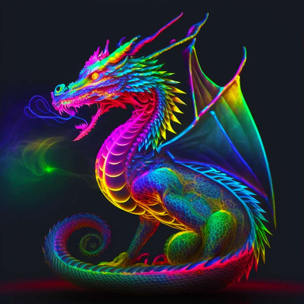 Neon rainbow-colored dragon with intricate scales and wings, breathing fire against a dark background