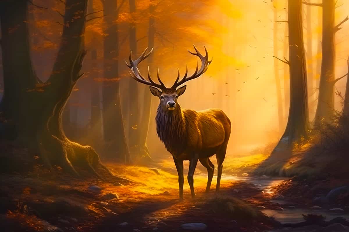 Stag standing in a golden forest at sunset as part of a paint-by-numbers kit titled "Hirsch im goldenen Wald".