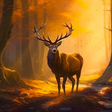 Stag standing in a golden forest at sunset as part of a paint-by-numbers kit titled 