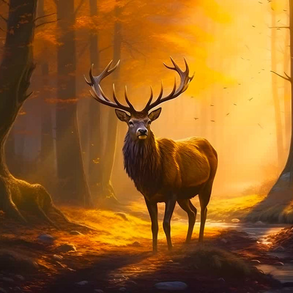 Stag standing in a golden forest at sunset as part of a paint-by-numbers kit titled "Hirsch im goldenen Wald".