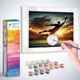 Malen nach Zahlen Set mit Fußballtorwart bei Sonnenuntergang, lebendigen Farben, leidenschaftlicher Energieszene, handgemalt.