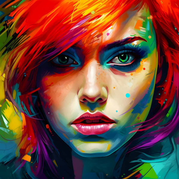 Colorful portrait of a woman with vibrant red and orange hair in a paint-by-numbers style from Malen nach Zahlen.