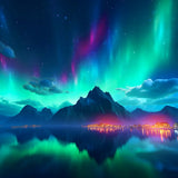 AB Diamond Painting - Polarlichter mit leuchtender Stadt, farbenfroher Nordlichter über den Bergen und einer funkelnden Stadtreflexion im Wasser
