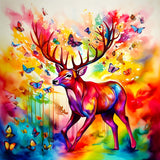 Bunter, leuchtender Hirsch mit Schmetterlingen - AB Diamond Painting Kunstwerk.