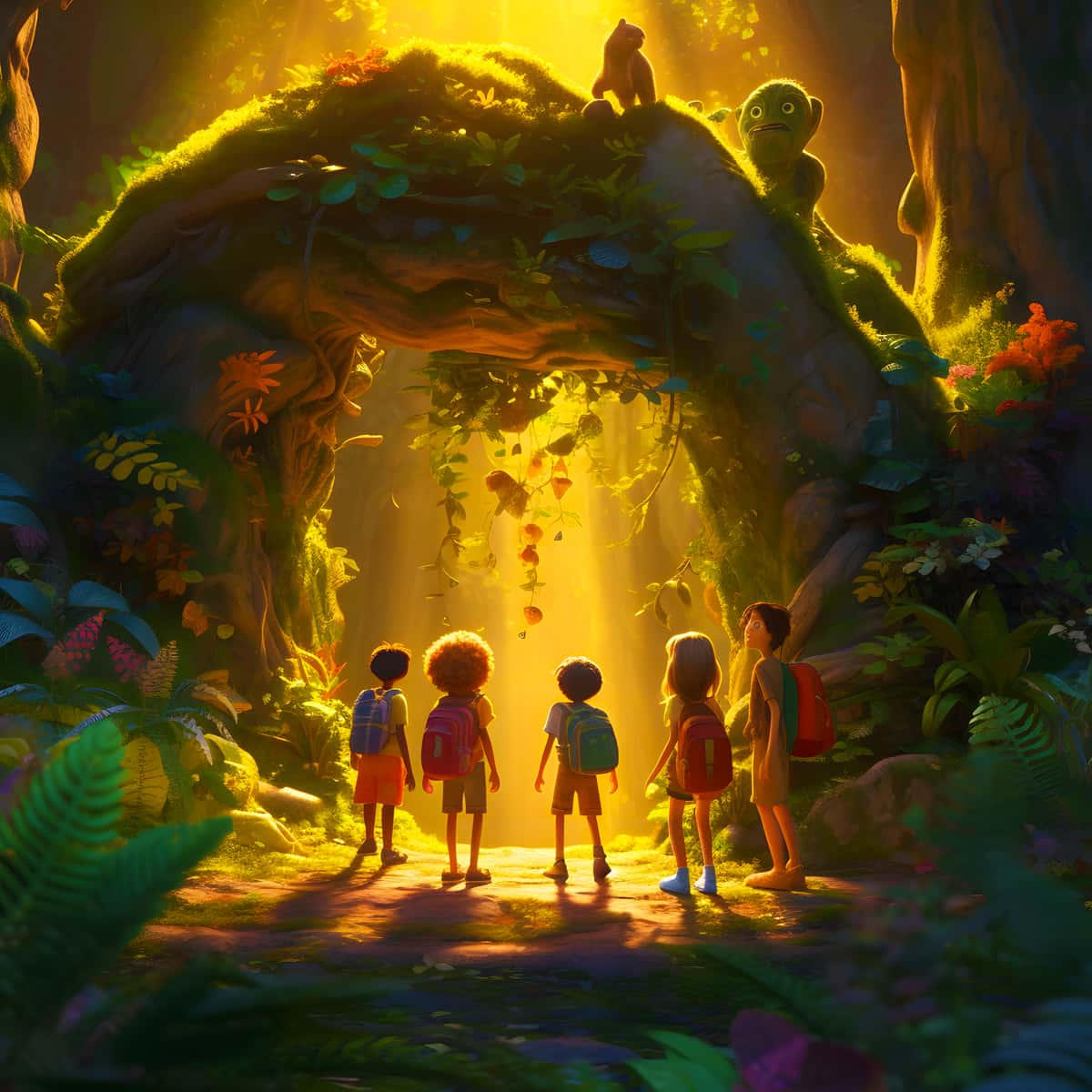 Children with backpacks entering a mystical forest archway in a diamond painting artwork.