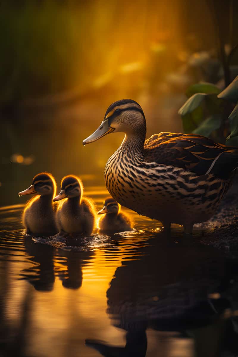 Adult duck with three ducklings on a serene pond during golden hour, highlighting tranquil and picturesque nature scenes.