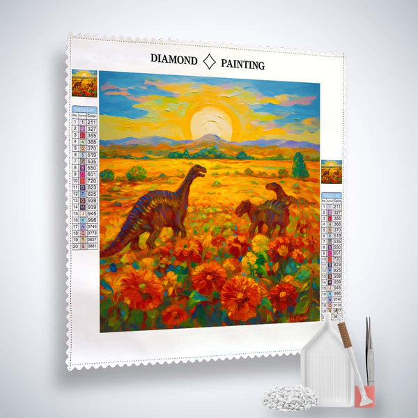 Dinosaurier Diamond Painting auf Blumenfeld mit Sonnenuntergang, Acryl Diamonds und Malwerkzeug inklusive
