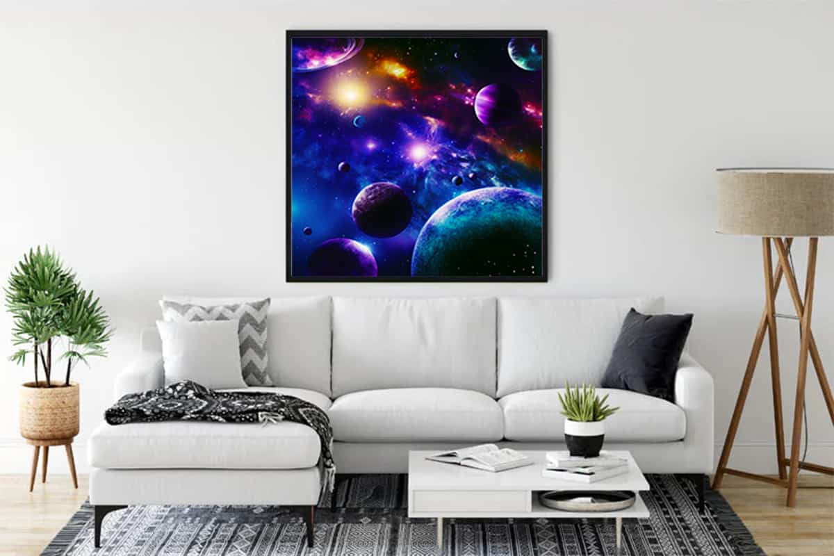 Malen nach Zahlen - Himmelszauber Painting of a Colorful Space Scene Displayed in a Modern Living Room