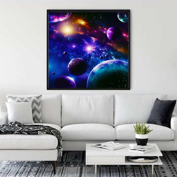 Malen nach Zahlen - Himmelszauber Painting of a Colorful Space Scene Displayed in a Modern Living Room