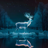 Illuminated white deer in a winter forest scene with reflection in serene water, featured in diamond painting kits.