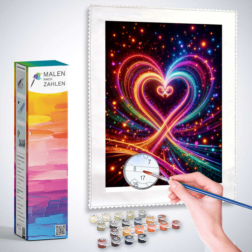 Diamond painting kit titled "Doppelherz" featuring intertwined neon hearts with vibrant colors and sparkling light reflections.