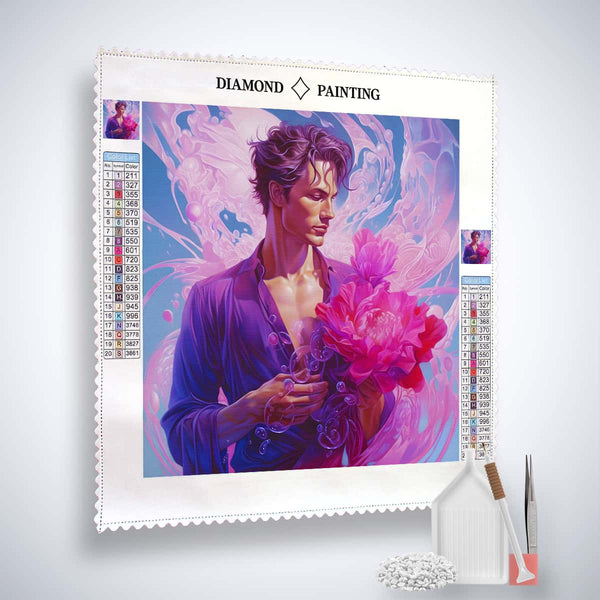 Diamond Painting Kit titled "Loverboy" featuring a man holding flowers with pink, purple, and blue hues, including canvas, diamonds, and tools.