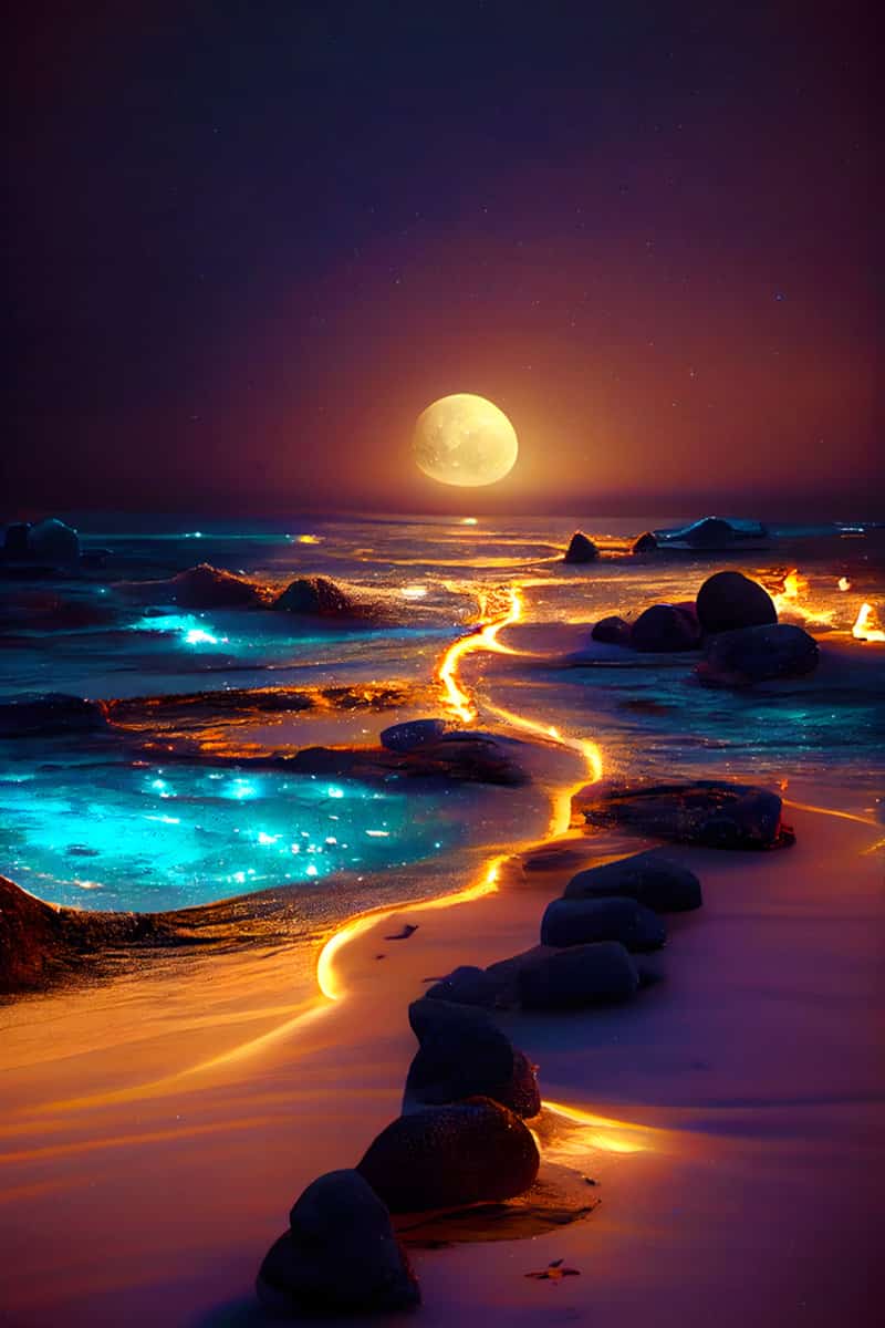 AB Diamond Painting - Lichtweg am Strand mit leuchtendem Mond und funkelndem Pfad entlang des Strandes.