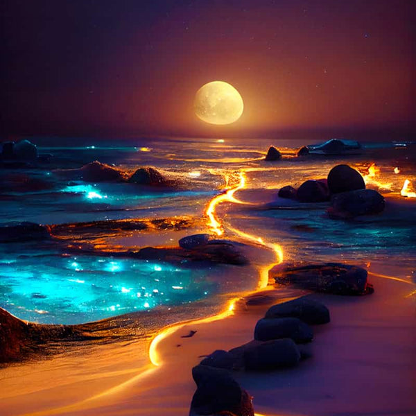 AB Diamond Painting - Lichtweg am Strand mit leuchtendem Mond und funkelndem Pfad entlang des Strandes.