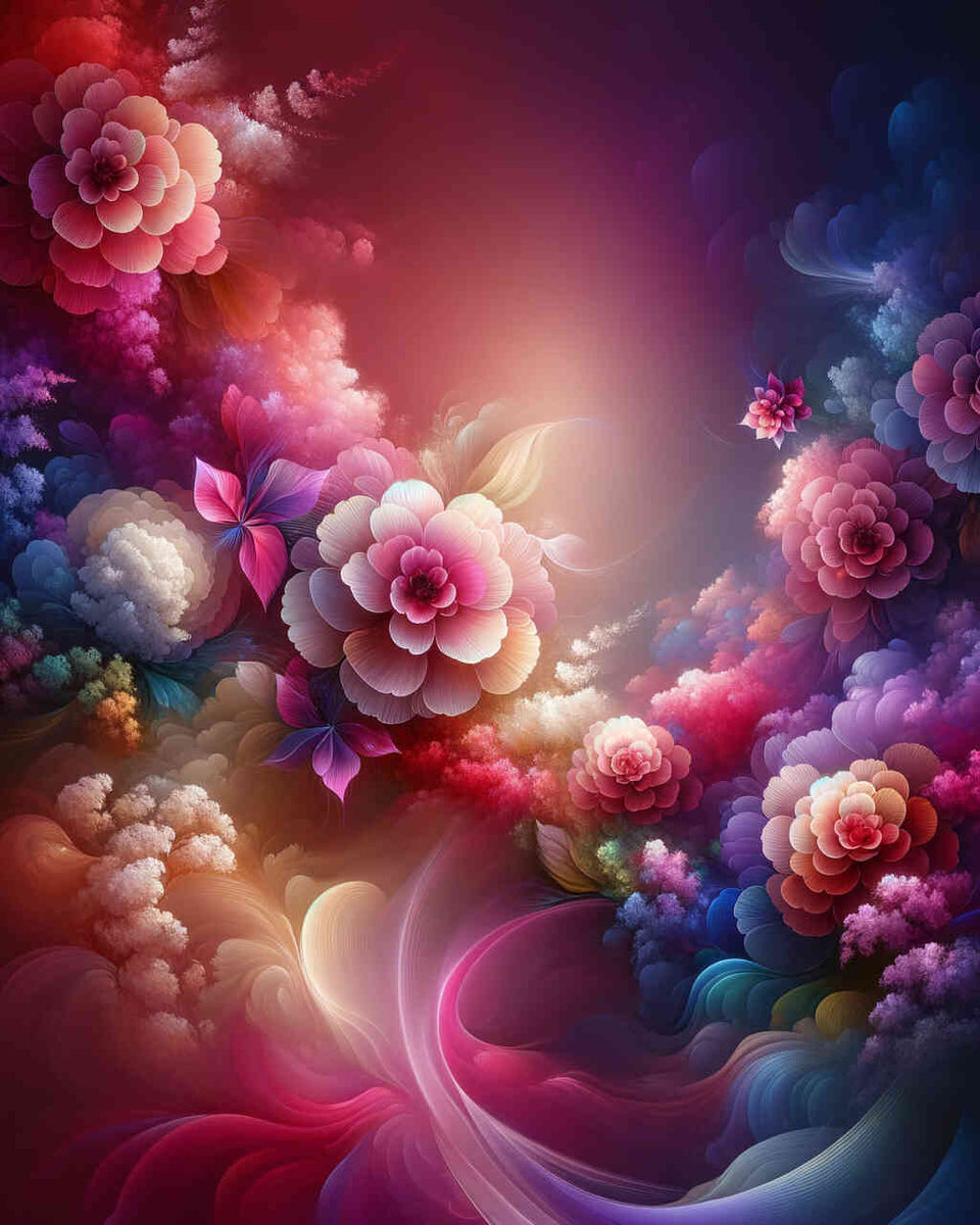Diamond Painting - Blumenkollektion zeigt bunte Blumen in leuchtenden Schattierungen von Rosa bis Magenta, schafft eine romantische Frühlingsszene.