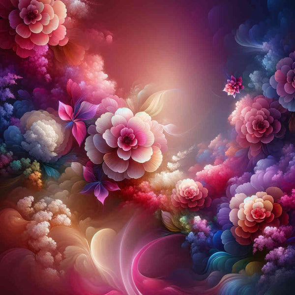 Diamond Painting - Blumenkollektion zeigt bunte Blumen in leuchtenden Schattierungen von Rosa bis Magenta, schafft eine romantische Frühlingsszene.