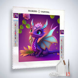 Diamond Painting - Drachenflamme Kit featuring a colorful dragon design with acrylic diamonds, artist tweezers, and professional canvas.