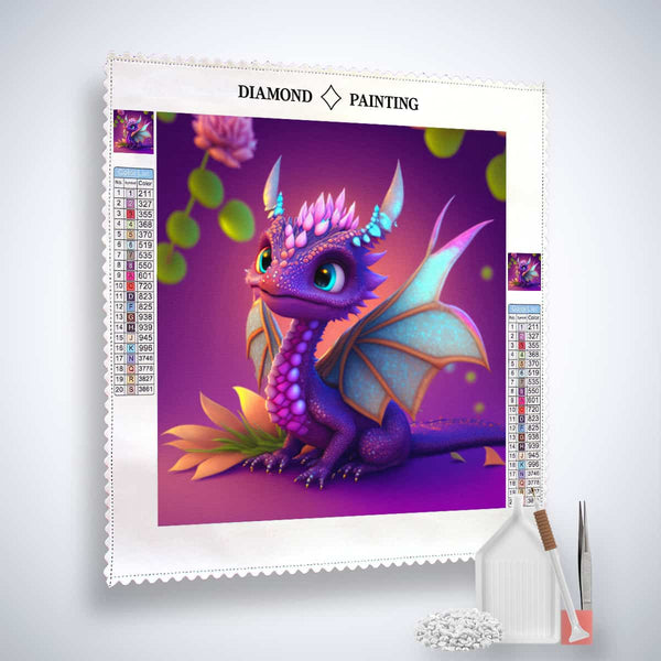 Diamond Painting - Drachenflamme Kit featuring a colorful dragon design with acrylic diamonds, artist tweezers, and professional canvas.