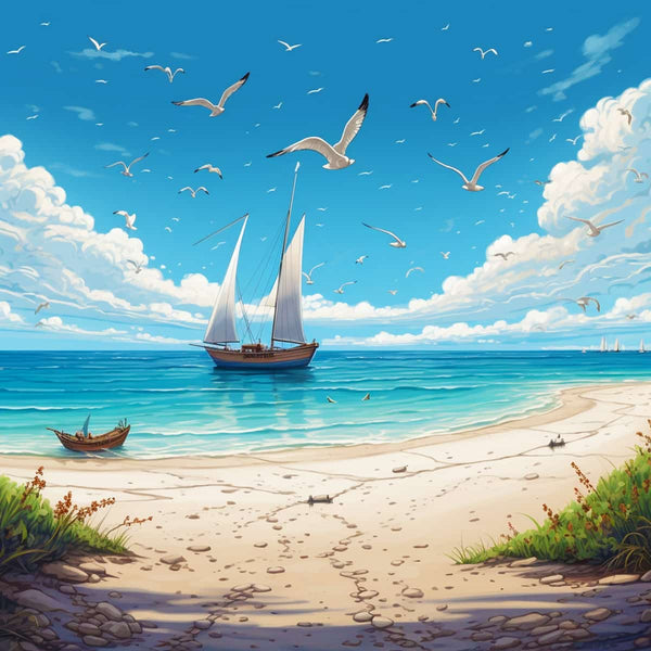 Diamond Painting Paradiesstrand - Segelboot auf tropischem Strand mit Seemöwen und blauen Himmel. Perfekte Kunst für DIY-Kits, die funkeln!