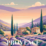 Scenic lavender fields and rustic houses in Provence at sunset, illustration for Malen nach Zahlen product.