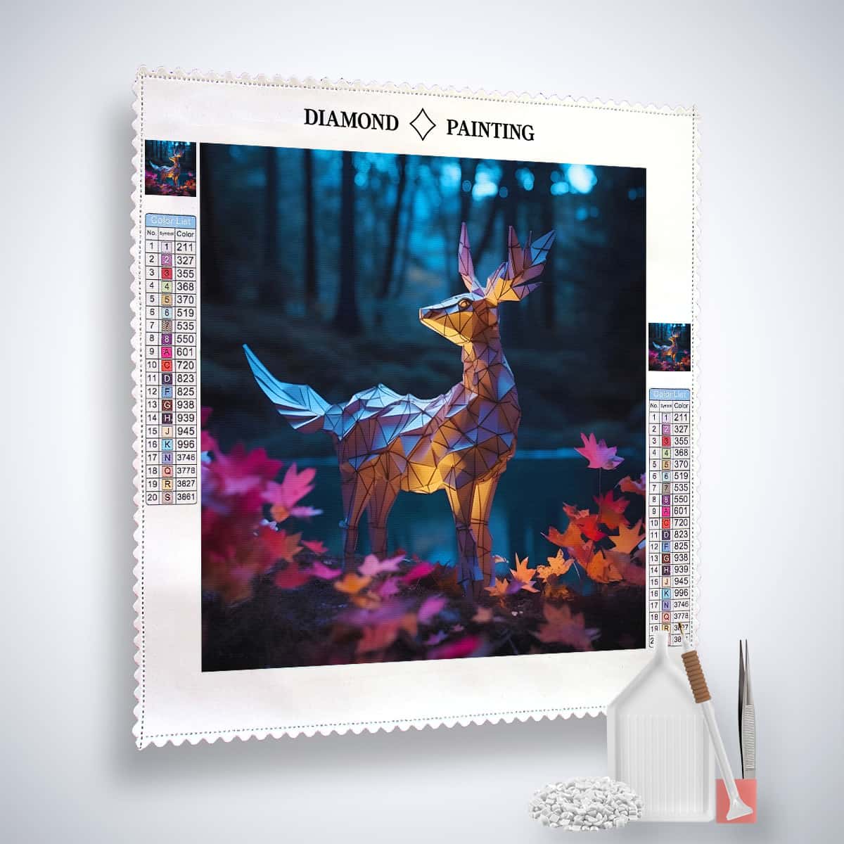 Diamond Painting Kit - Mystisches Reh im Wald with acrylic diamonds, tweezers, and placement tools displayed