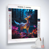 Diamond Painting Kit - Mystisches Reh im Wald with acrylic diamonds, tweezers, and placement tools displayed