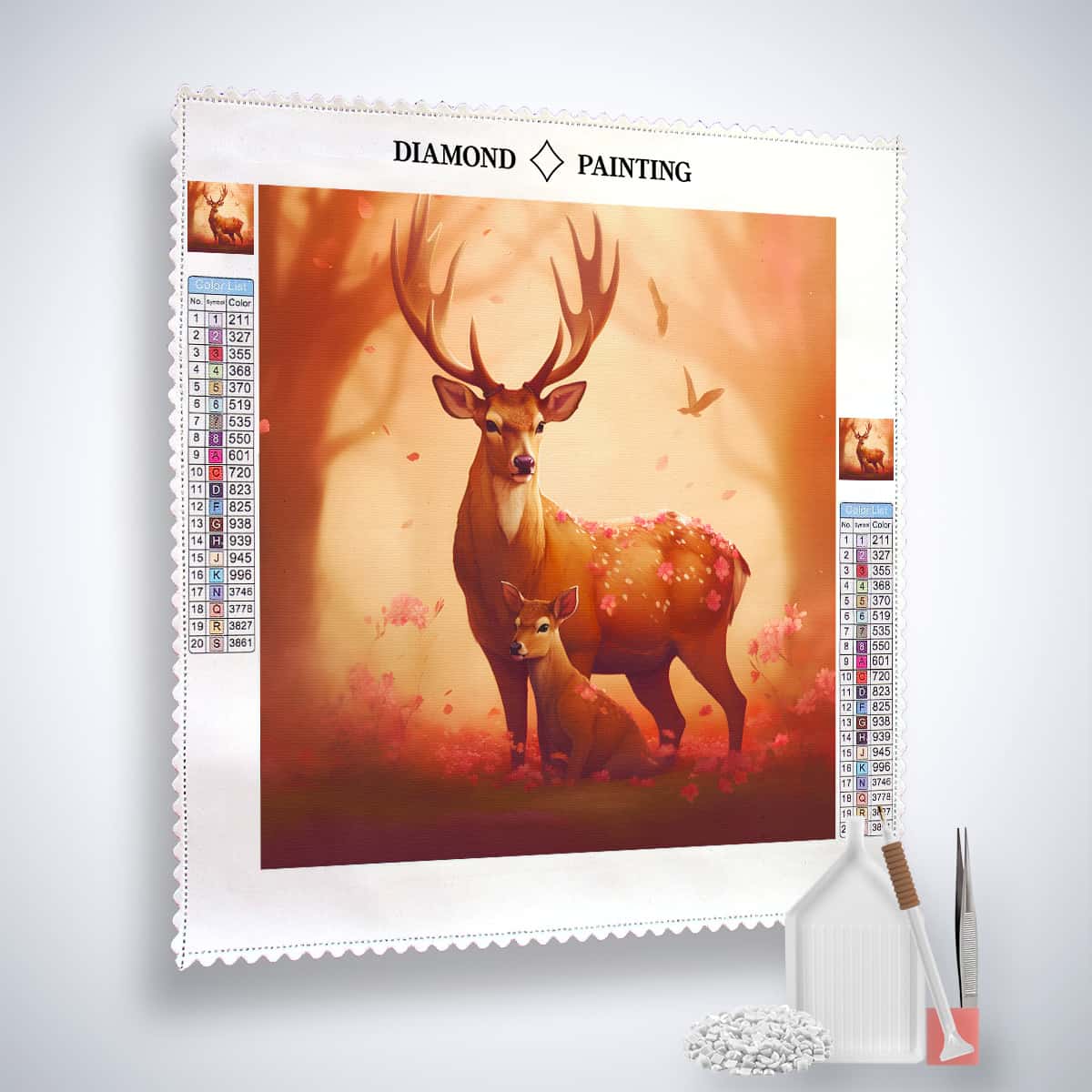 Diamond Painting Kit - Prächtiger Hirsch mit Kind Leinwand, Acryl Diamonds, Pinzette und Setzstift.